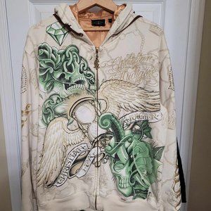 Christian Audigier "Time Flies" Lined Embroidered Hoodie with Crystals.